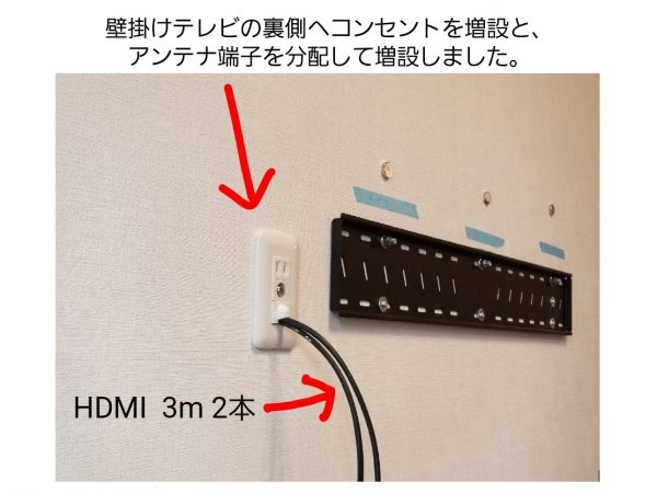 テレビの裏側の写真です。壁掛け金具と増設したコンセントです。