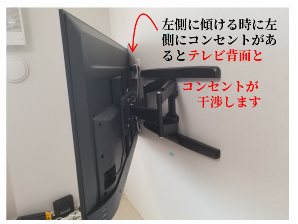 テレビを左側に傾けた写真とコンセントの写真